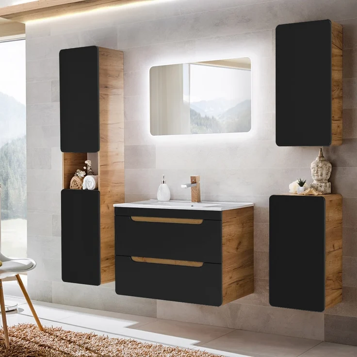 Badezimmer Hochschrank NEW-LUTON in seidenmatt anthrazit mit Wotan Eiche Nb, B/H/T ca. 35/170/32 cm – Bild 8