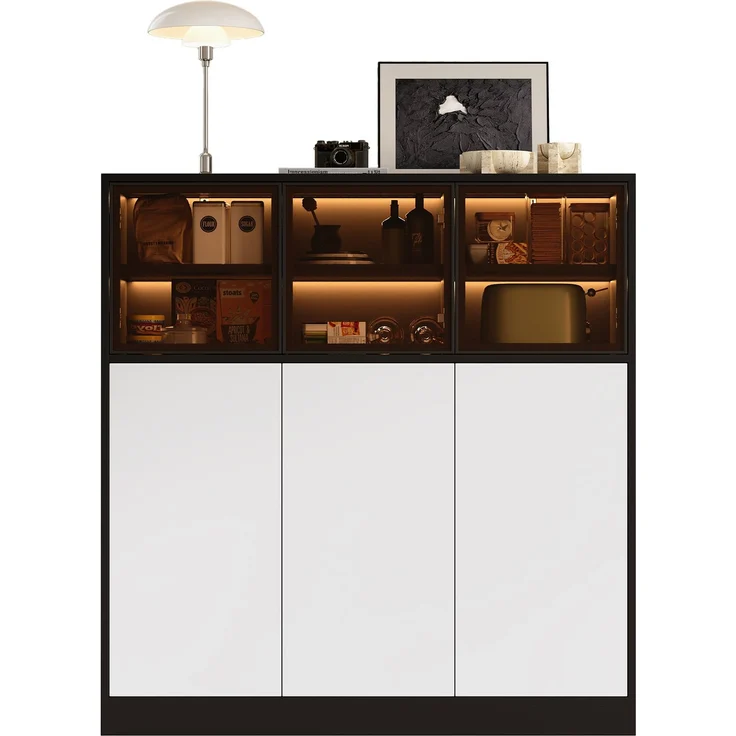 DESVIAE Sideboard mit LED-Beleuchtung und 6 Türen 100x105x40 cm Spanplatte Glas Schwarz Weiß – Bild 7