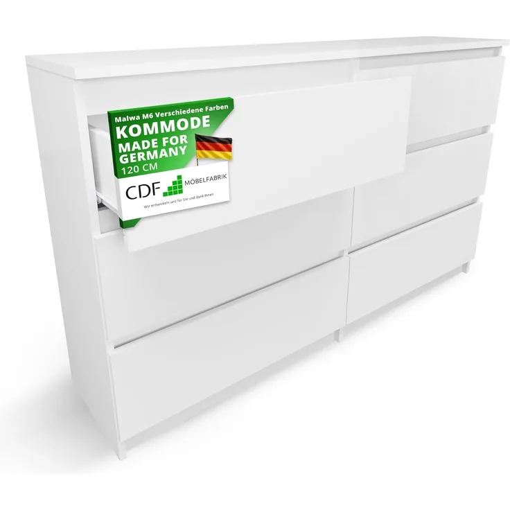 CDF Kommode Malwa M6 120| Farbe: Weiß | Schrank für Dokumente, Kleinigkeiten | Ideal für Wohnzimmer, Schlafzimmer, Kinderzimmer, Jugendzimmer und Büro | 6 geräumige Schubladen
