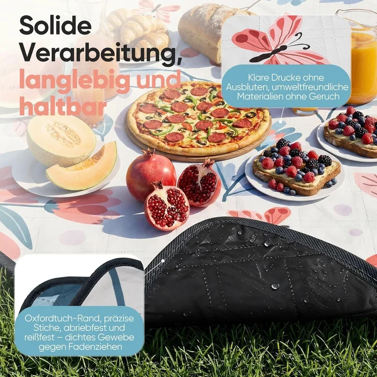 Sekey Picknickdecke Wasserdicht 200x200 cm Stranddecke Sandfrei geeignet für Picknick, Camping, Strand, Beige - Blumen & Falter – Bild 7