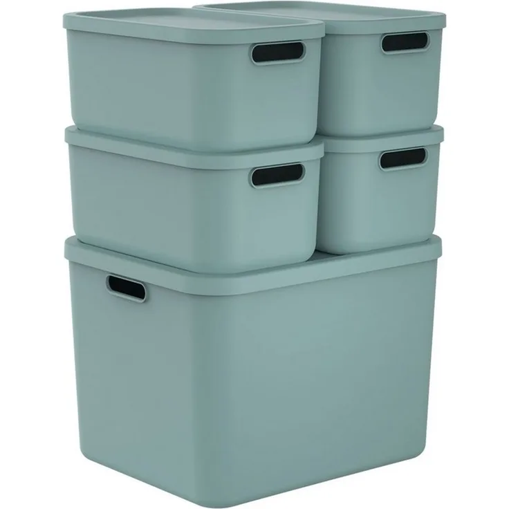 ROTHO Stapelbox Albula Light Set 5tlg. 4x 12l und 55l Aufbewahrungsboxen mit Deckel (5-teilig, Boxen-Set), Kisten stapelbar und mit Grifföffnungen