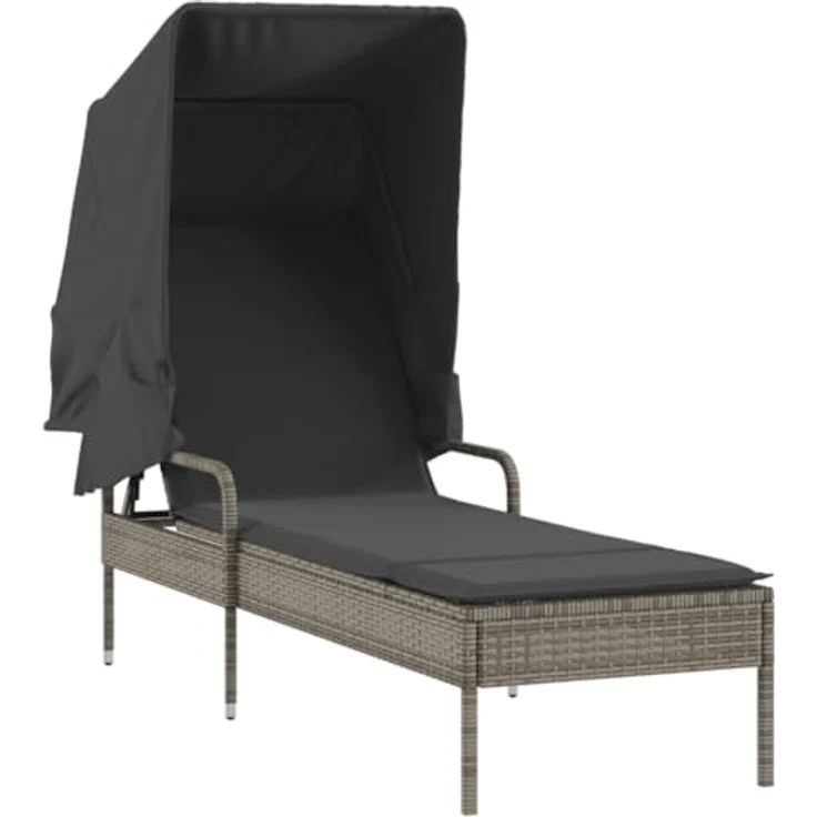 vidaXL Sonnenliege mit Dach, verstellbare Rückenlehne und abnehmbares Kissen, Grau Poly Rattan – Bild 1