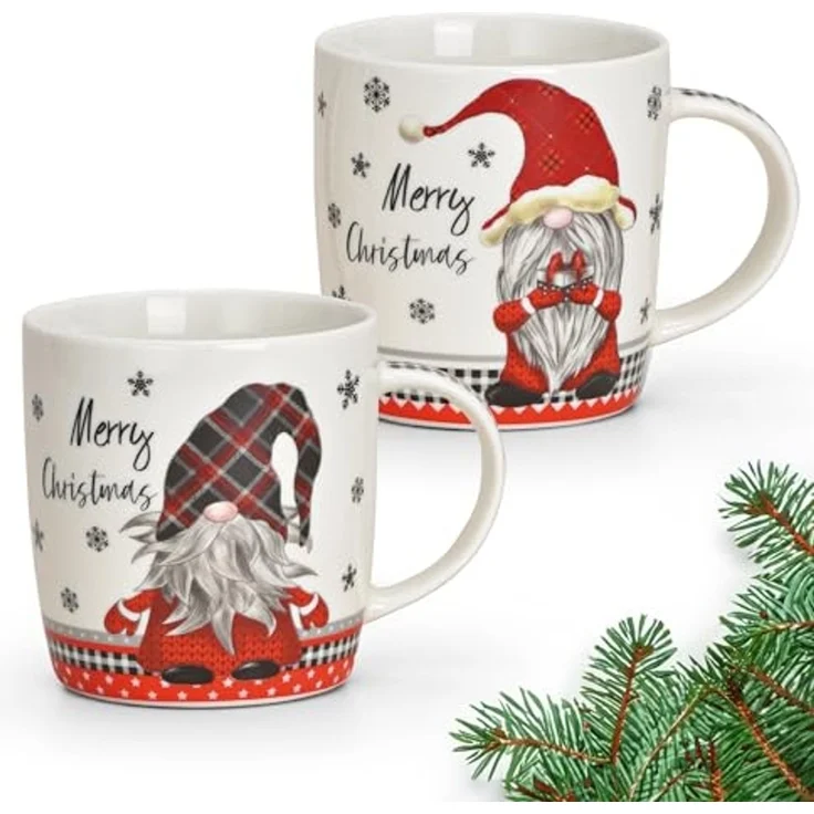 matches21 HOME & HOBBY Tasse Weihnachtstassen 2er Set mit Spruch Merry Christmas Wichtel, 2-tlg, Porzellan, Tee Kaffee-Becher, Weihnachten, modern, grau weiss rot, 340 ml – Bild 1