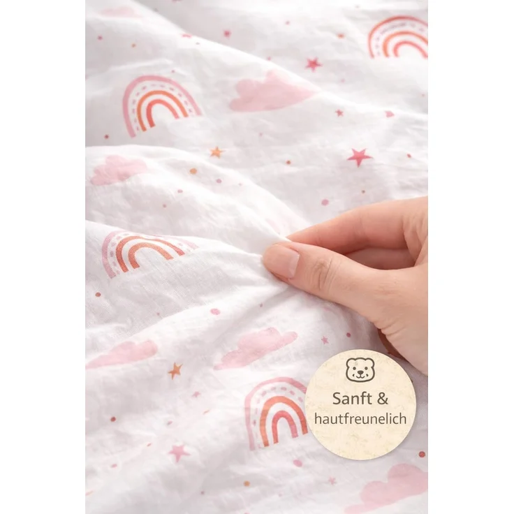 soma Babybettwäsche Renforcé Baby Wende Bettwäsche 100x135 Regenbogen Wolke pink rosa weiß, Renforcé, 2 teilig, Babybettwäsche Rainbow Baumwolle warme winter weihnachtsbettwäsche – Bild 6
