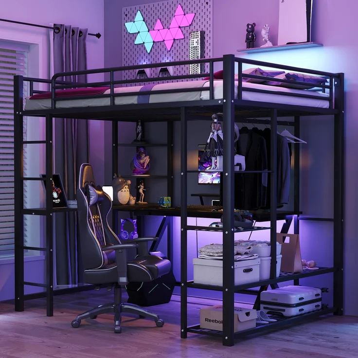 ZUBALIYA Metall-Hochbett mit Leiter 140x200 cm, Juniorbett Doppelbett mit Tisch mit einfachen Kleiderbügeln mit Ablagefächern, Schwarz – Bild 3