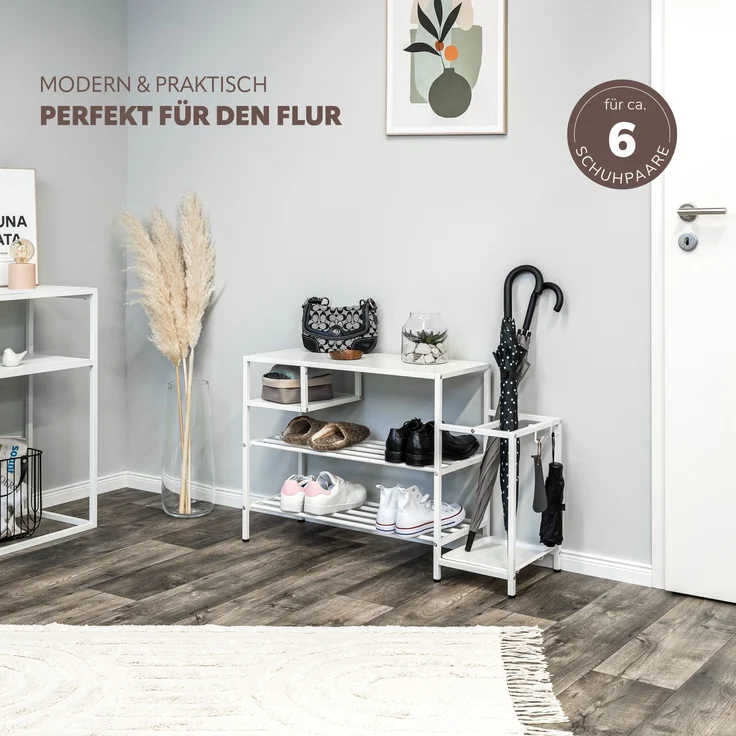 Schuhregal für ca. 6 Paar Schuhe, 4 Ablagen und Schirmständer, weiß – Bild 2