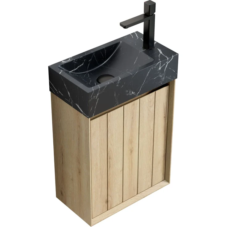 Wandwaschtisch 40 cm mit Naturmarmorbecken und Unterschrank in Weiß-Eiche-Optik – Bild 6
