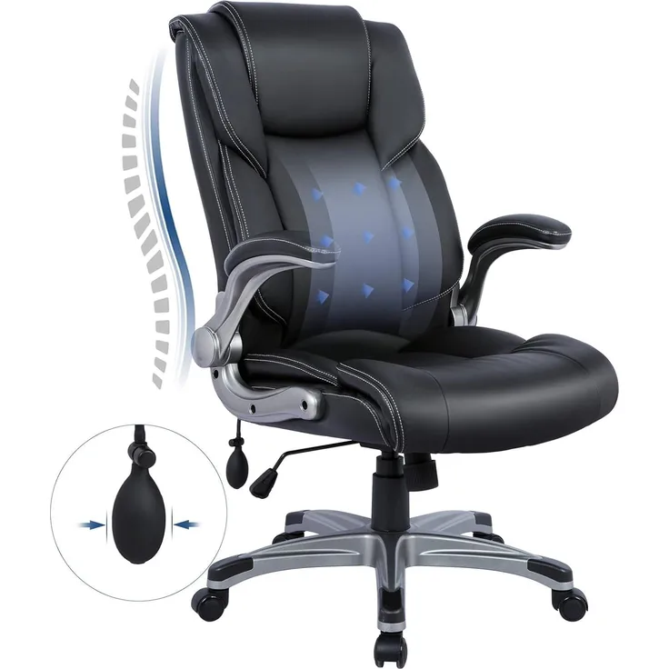 COLAMY Bürostuhl mit Hoher Rückenlehne, Ergonomischer Computer-Schreibtischstuhl, Lederstuhl mit Gepolsterten Klapparmlehnen, Verstellbarer Neigungsverschluss, Drehstuhl für Erwachsene, Schwarz