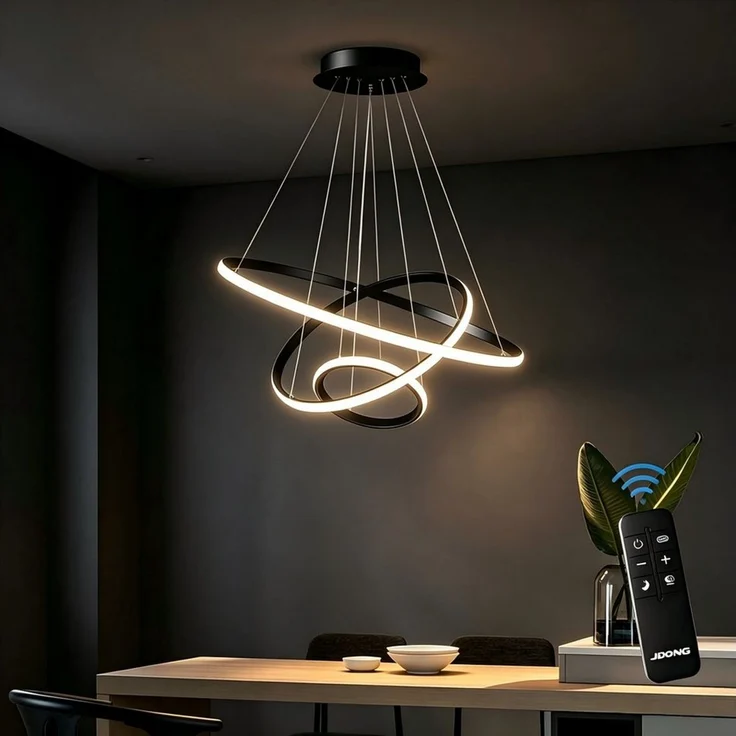 JDONG LED Pendelleuchte 3 Ringen Modern LED Hängelampe Schwarz 53*40*20cm, 54W Esstischlampe Dimmbar mit Fernbedienung, 3000K–6500K Höhenverstellbar 120cm, DIY Kronleuchter, Augenschonend für Esszimmer Wohnzimmer Büro Hotel – Bild 1