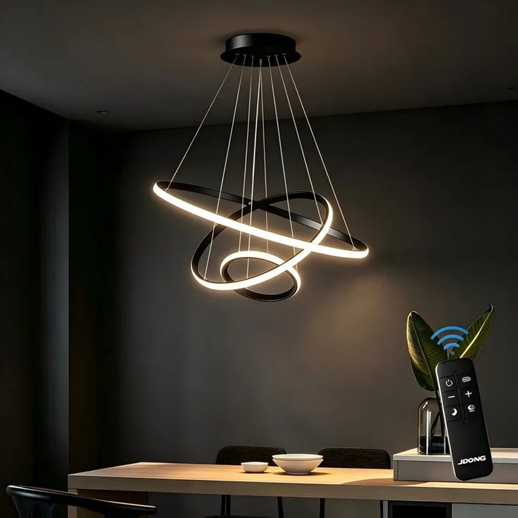 JDONG LED Pendelleuchte 3 Ringen Modern LED Hängelampe Schwarz 53*40*20cm, 54W Esstischlampe Dimmbar mit Fernbedienung, 3000K–6500K Höhenverstellbar 120cm, DIY Kronleuchter, Augenschonend für Esszimmer Wohnzimmer Büro Hotel