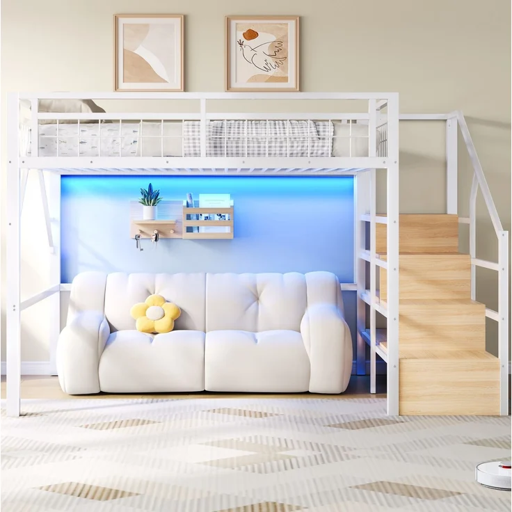 CHICFURN Hochbett Metall und MDF Weiß 140x200 cm mit LED-Beleuchtung und Stauraumtreppe – Bild 2