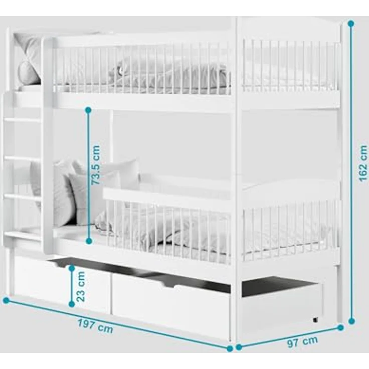 Kids Collective Kinderbett Hochbett Etagenbett 80x180, 90x190, 90x200 cm, mit 2 Schubladen, 90x190 cm von 4. bis 18. Lebensjahr, Weiß, mit 2 Matratzen – Bild 2