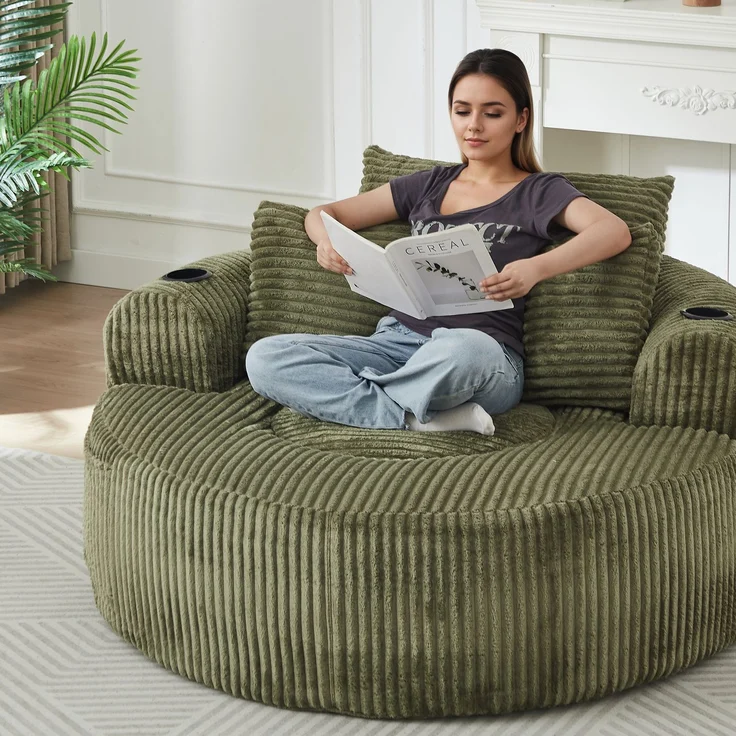 Rundes Loungesofa aus Cord, Einzelsitz Sitzsack Liegestuhl mit 3 Kissen, 2 Getränkehaltern, Seitenaufbewahrung, Rutschfest, Bequemes Relaxsofa für Wohnzimmer Schlafzimmer--Grün--146x29x32cm--YOUDENOVA – Bild 10