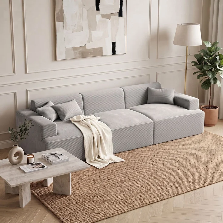 skølm 'Freki' Cloud Sofa 3 Sitzer, Vollschaumcouch mit Federkern und Vakuum-Kompression, kein Aufbau erforderlich, mit 3 Kissen, Cord grau – Bild 6