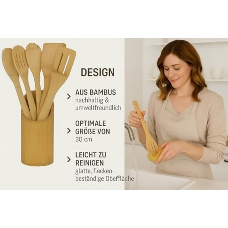 hausleben Kochbesteck-Set – 100% Bambus – 30 x 6 cm (6-tlg), umweltfreundlich – Langlebig – Schonend für Pfannen & Töpfe – Bild 5