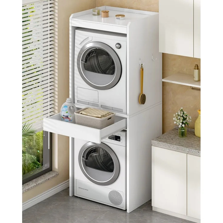 Hoher Waschtisch, Waschmaschinen- und Trocknerschrank, separater Schrank für Waschmaschine und Trockner, Anbauschrank, Badezimmerregal, mattweiß, 66 x 65 x 203 cm