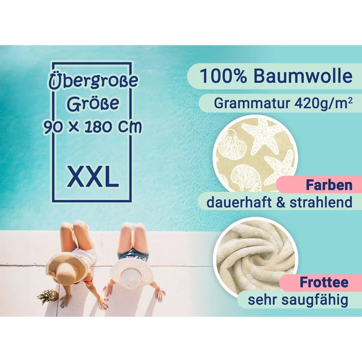 ZOLLNER Strandlaken, 100% Baumwolle, 90x180 cm, beige mit Meerestieren – Bild 3