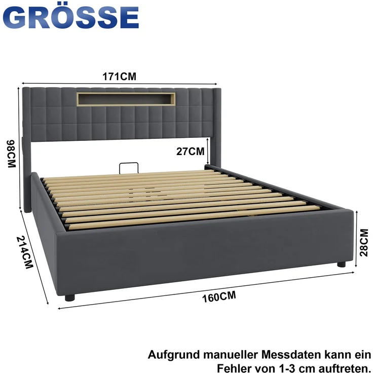 Polsterbett 160x200 cm mit LED, USB-Anschluss und hydraulischem Stauraum – ohne Matratze – Bild 4