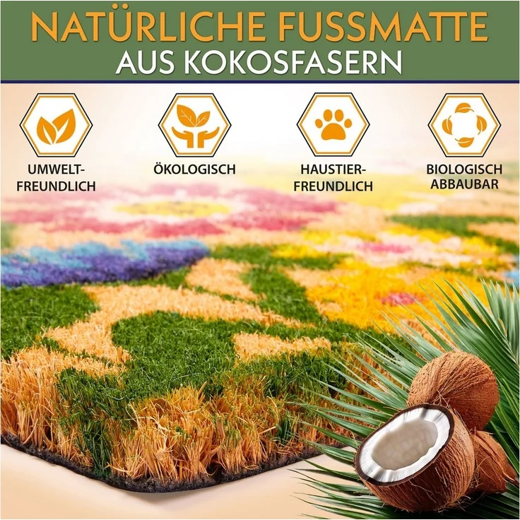 BRUBAKER Fußmatte Blumen und Pflanzen - 45 x 75 cm Schmutzfangmatte - Kokos Fußabtreter, Rechteckig, Höhe: 16 mm, Antirutsch Türmatte für Außen und Innen - Wetterfest und Rutschfest – Bild 3