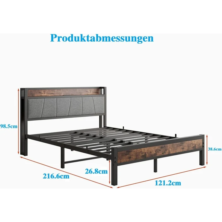 Homerecommend Metallbett 120x200 cm, Einzelbett und Jugendbett, mit RGB-LED-Beleuchtung und 2 USB-Anschlüssen, Vintage Braun & Schwarz – Bild 2