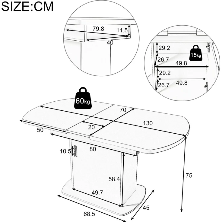 Ausziehbarer ovaler Esstisch, L110/130*W70*H75cm,Esstisch mit Stauraum, Kaffee-Freizeittisch, moderner minimalistischer Esstisch, platzsparender multifunktionaler Esstisch, Betonoptik+silberner Griff – Bild 7