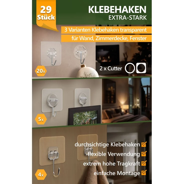 Lindenstein Transparente Klebehaken 29er-Set – selbstklebend, 180° drehbar, für Wand und Decke – Bild 2