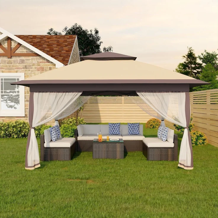 Faltpavillon Moskitonetz 3x3 m mit 4 Moskitonetz Seitenteilen – Pop Up Pavillon wasserdicht & stabil, UV-Schutz 50+, höhenverstellbar, Doppeldach Pavillion für Patio & Familie Khaki