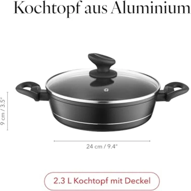 FLORINA Aluminium Topf (2,3 l) 24 cm I Kochtopf DELUX mit Glasdeckel I Messbecher & Antikratz-Beschichtung I Niedriger Topf mit Induktionsboden I Induktionsherd, Gasherd, Elektroherd (Schwarz) – Bild 2