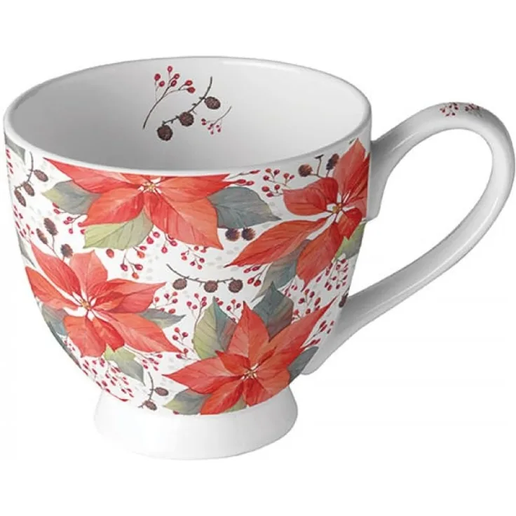 Ambiente Luxury Paper Products Becher Weihnachtsbecher- Silvester - Herbst / Winter Tee - Kaffee Tasse, 1-tlg, Porzellan, Becher 0,45 L - Poinsettia und Beeren - Kollektion, Mug, Weihnachten, Geschenkartikel, Kollektion, Mug, Weihnachten, Geschenkartikel