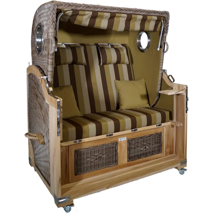 Strandkorb Teak XL grün / braun 2½ Sitzer Voll-Liegemodell