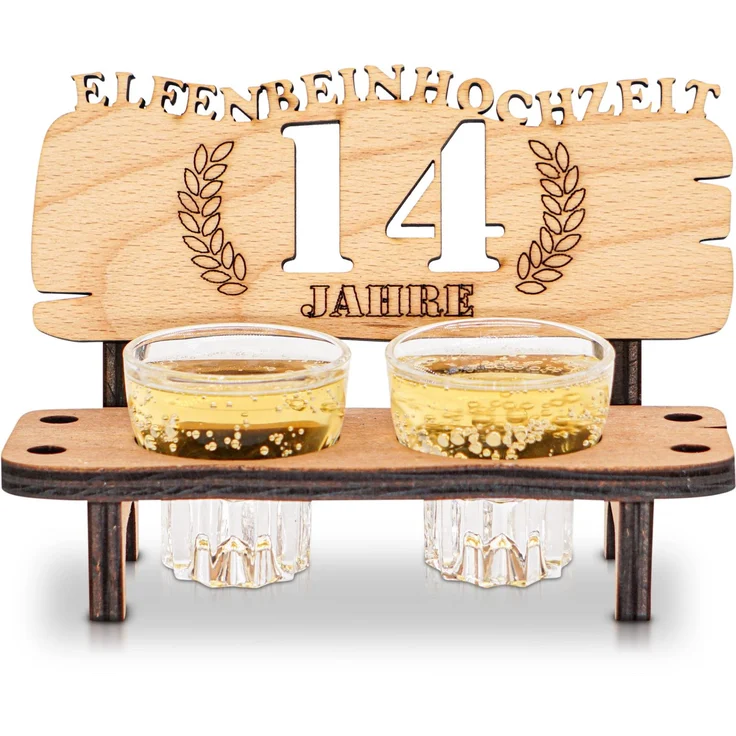 DARO Design - Schnapsbank 14. Hochzeitstag Elfenbeinhochzeit Geschenk Deko für Paare Männer Frauen aus Holz mit Gläsern