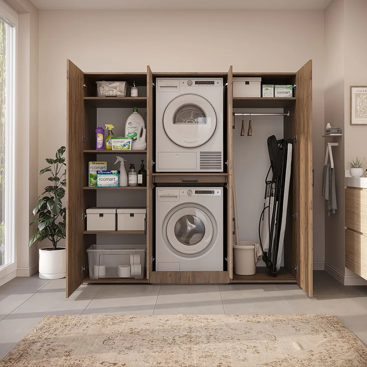 Roomart Waschmaschinenschrank - DORA-I- 190 cm breit - Wasch- & Trocknerschrank mit 2 Hochschränken, Türen & Ausziehbrett, Waschmaschinen-Überbau für Waschküche & Hauswirtschaftsraum • Eiche – Bild 5