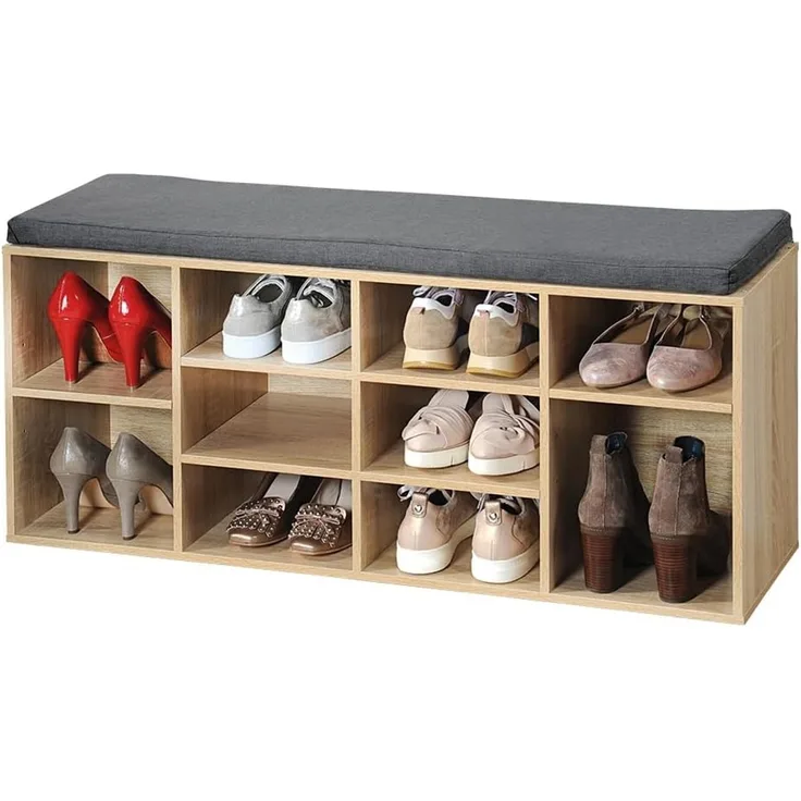Offener Schuhschrank, Eichendekor - mit Sitzkissen, grau