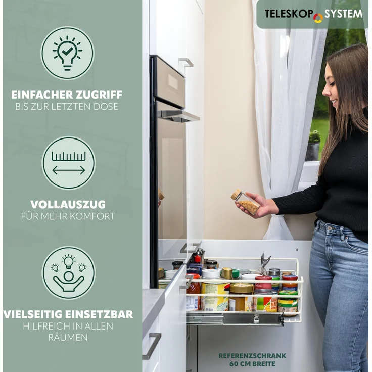 Teleskopschublade für 40 cm Schrank mit Einlegeboden, aus Metall, cremeweiß – Bild 3