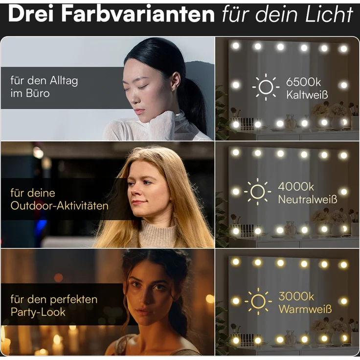 Bellamio 'Livny' Schminkspiegel mit LED-Glühbirnen, dimmbar, Hollywood Spiegel mit 3 Lichtfarben, weiß, 110x70 cm, inkl. Touch-Screen (mit Wandbefestigung) – Bild 3