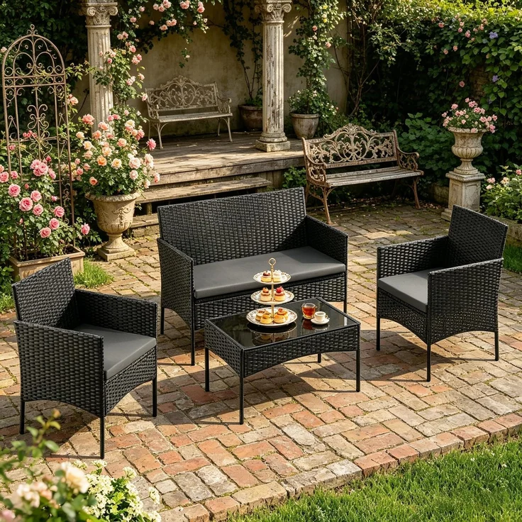 Gartentisch 71 x 41 x 39 cm mit 4-teiliger Sitzgruppe für 4 Personen, PE-Rattan und Glas, Schwarz – Bild 4