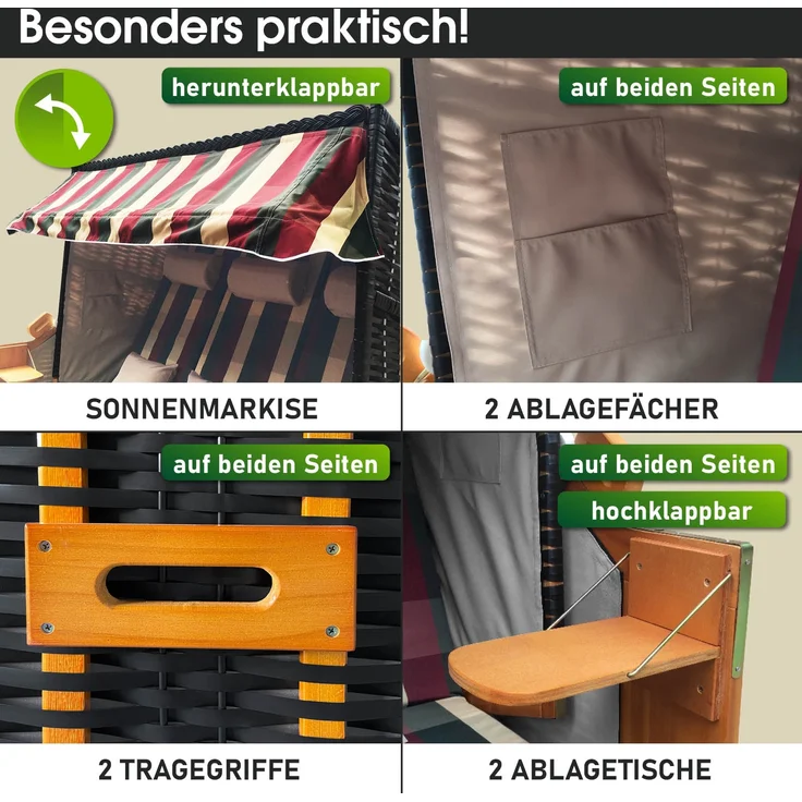 BRAST Strandkorb Usedom 3-Sitzer XXL für 2-3 Personen 165cm breit inkl. wetterfeste Abdeckhaube verstellbare Rückenlehne Fußkissen Rot/Grün/Beige - kariert – Bild 5
