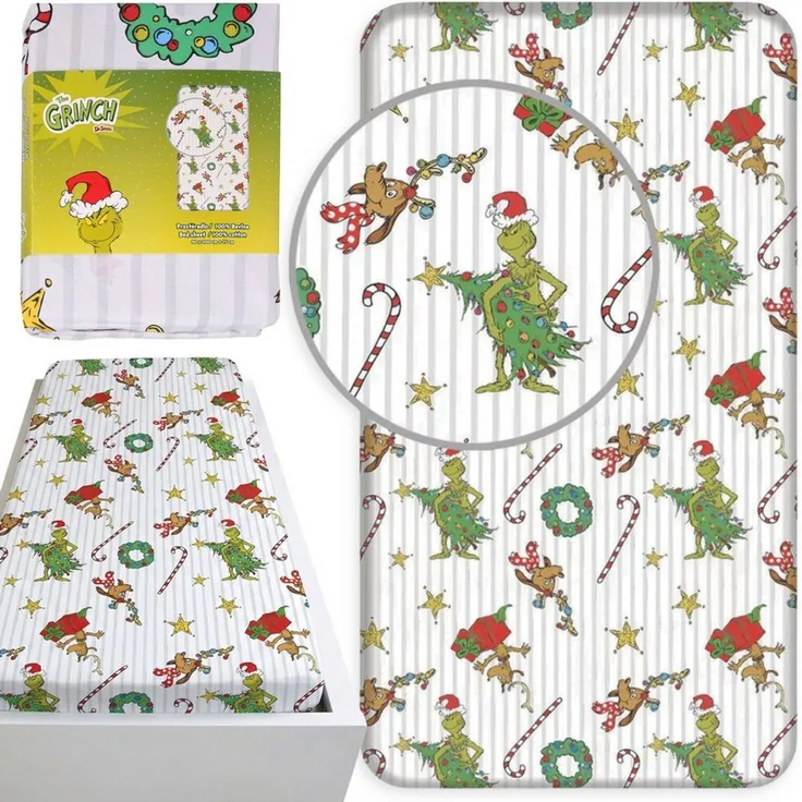Sarcia. eu Spannbettlaken Grinch Weihnachts-Spannbettlaken Kinder, 100 % Baumwolle, 90x200+25 cm