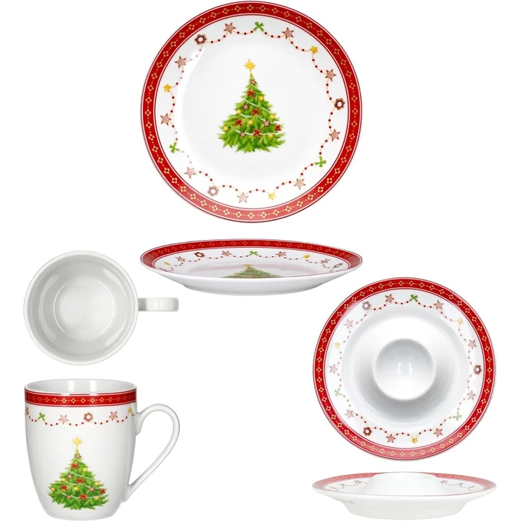 18tlg Frühstücksset Weihnachtstraum Porzellan 6 Pers. Teller Becher Eierbecher – Bild 4