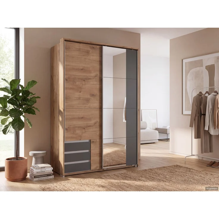 Schwebetürenschrank Kleiderschrank 138cm Eiche Dekor Grafit Spiegel Passepartout – Bild 3