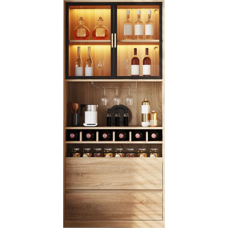 Badezimmerschrank,Spirituosenschrank,Vitrine Vitrinenschrank mit Glastüren und Beleuchtung 180 CM--Natürlich1--80x40x180cm--YOUDENOVA – Bild 7