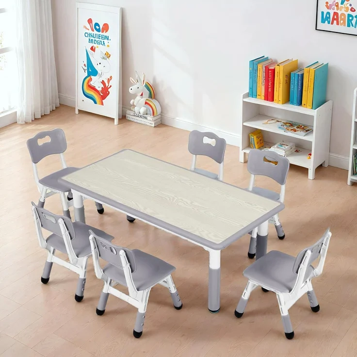 Clevich Kindertisch mit 6 Stühlen,Kinder Tisch Stuhl Set für Kindergarten und Kinderzimmer,Kindertischgruppe Höhenverstellbar,Plastik Kindermöbel,Sitzgruppe für Jungen Mädchen,Grau – Bild 7