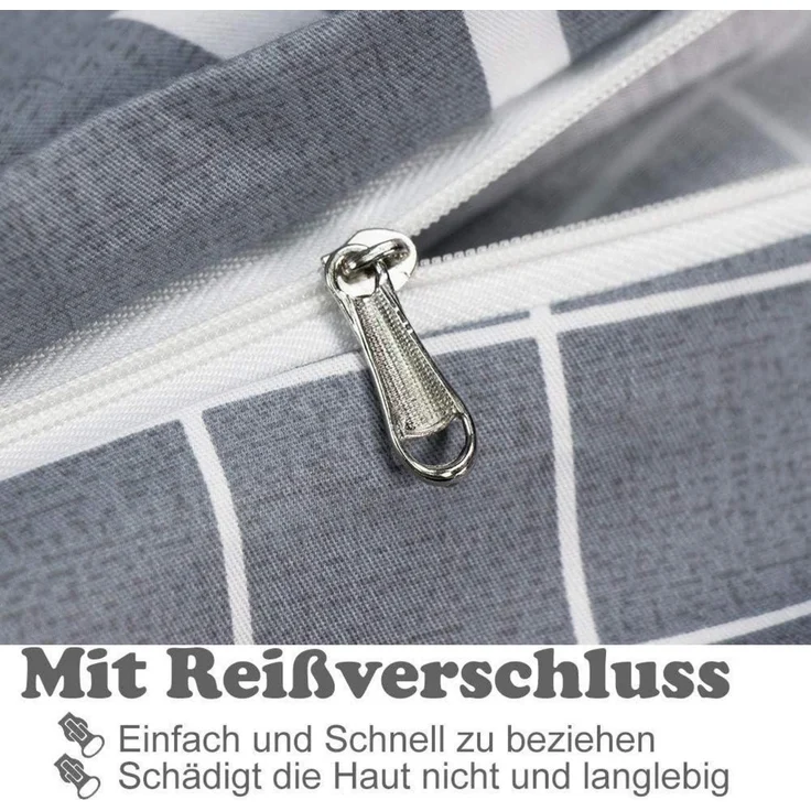 Bettwäsche 155x220 Grau Weiß Gestreift Baumwolle Reißverschluss – Bild 4