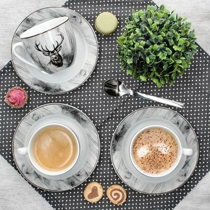 MamboCat Tasse 6er Set Alois Kaffeetassen mit Untertassen 6 Personen Porzellan Hirsch, Porzellan – Bild 3
