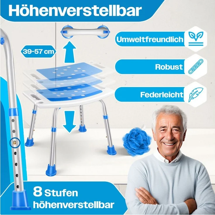 KESSER® Duschhocker höhenverstellbar | Leichter Badhocker rutschfeste Gummifüße Duschstuhl 136KG belastbar | Duschhilfe Senioren | Saugnapf Haltegriff Badewannengriff | Duschsitz mit Brausehalterung Weiß / Blau – Bild 1