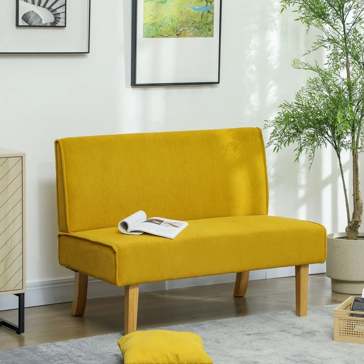 Zweisitzer-Sofa mit Cord-Bezug, dicker Polsterung und soliden Holzbeinen für Wohnzimmer, Schlafzimmer, Büro, Gelb--Gelb--110x62x85cm--YOUDENOVA – Bild 3