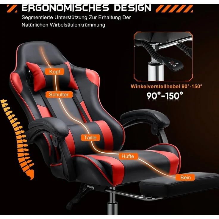 DUMOS Gaming-Stuhl Ergonomischer Bürostuhl mit Fußstütze, PU-Leder E-Sportstuhl, Gepolstert mit verstellbare Lendenkissen, Kopfkissen und Armlehnen – Bild 2