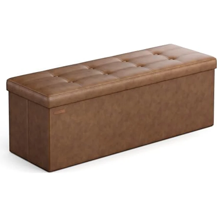Songmics 110 cm Sitzbank mit Stauraum, Sitztruhe, Aufbewahrungsbox, Fußhocker, faltbar, gepolstert, Bezug aus PU, bis 300 kg belastbar, kaffeebraun LSF070K01V1 – Bild 2