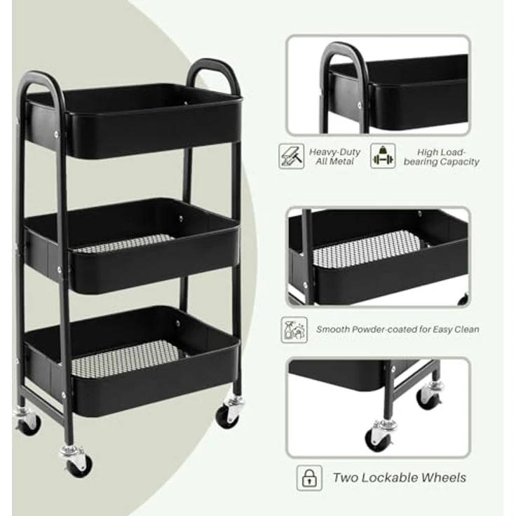 DOEWORKS Rollwagen Metall Aufbewahrungswagen Küchenwagen 3-Etagen, Servierwagen Organizer Wagen mit Rädern für Wohnzimmer Schlafzimmer Make-up Badezimmer Büro, Schwarz – Bild 6