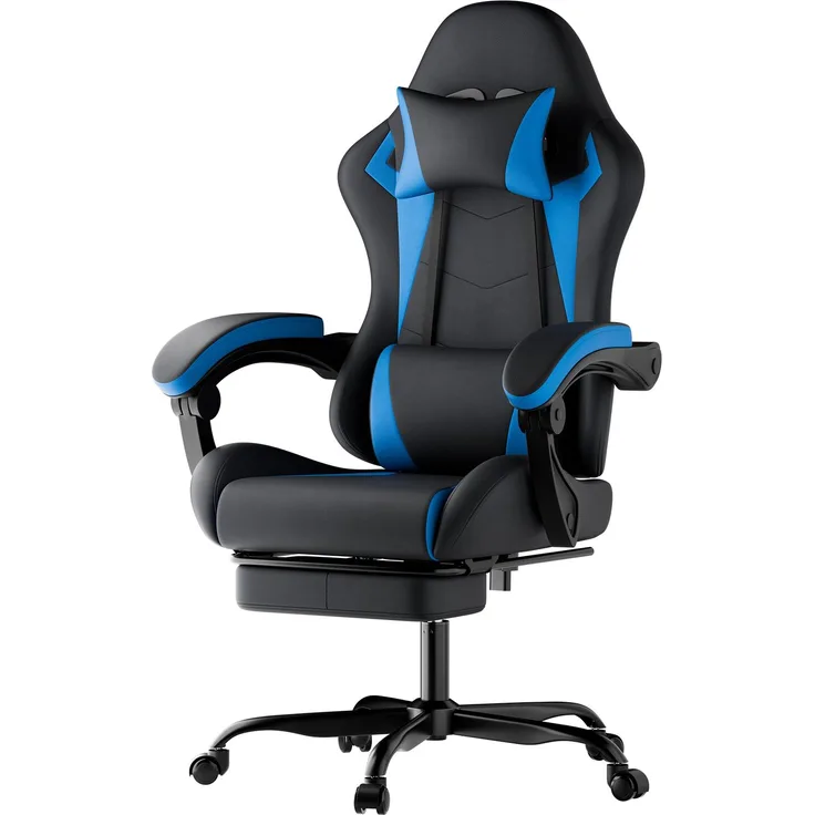 Faumrta Gaming Stuhl Ergonomisch Gaming Chair mit Lendenkissen und Kopfstütze, Gamer Stuhl H?henverstellbar, Pc Stuhl für Erwachsene M?dchen Junge,SchwarzblauPVC58.5cm*63cm*120.5cmBlack+Blue
